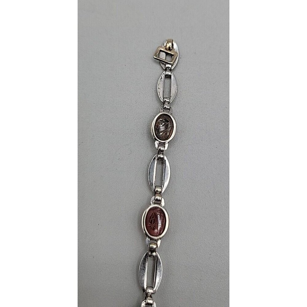 14k W. E. Richards Co. Symmetalic Sterling & Scarab Bracelet 6" Gemstones 1940s - Picture 13 of 15